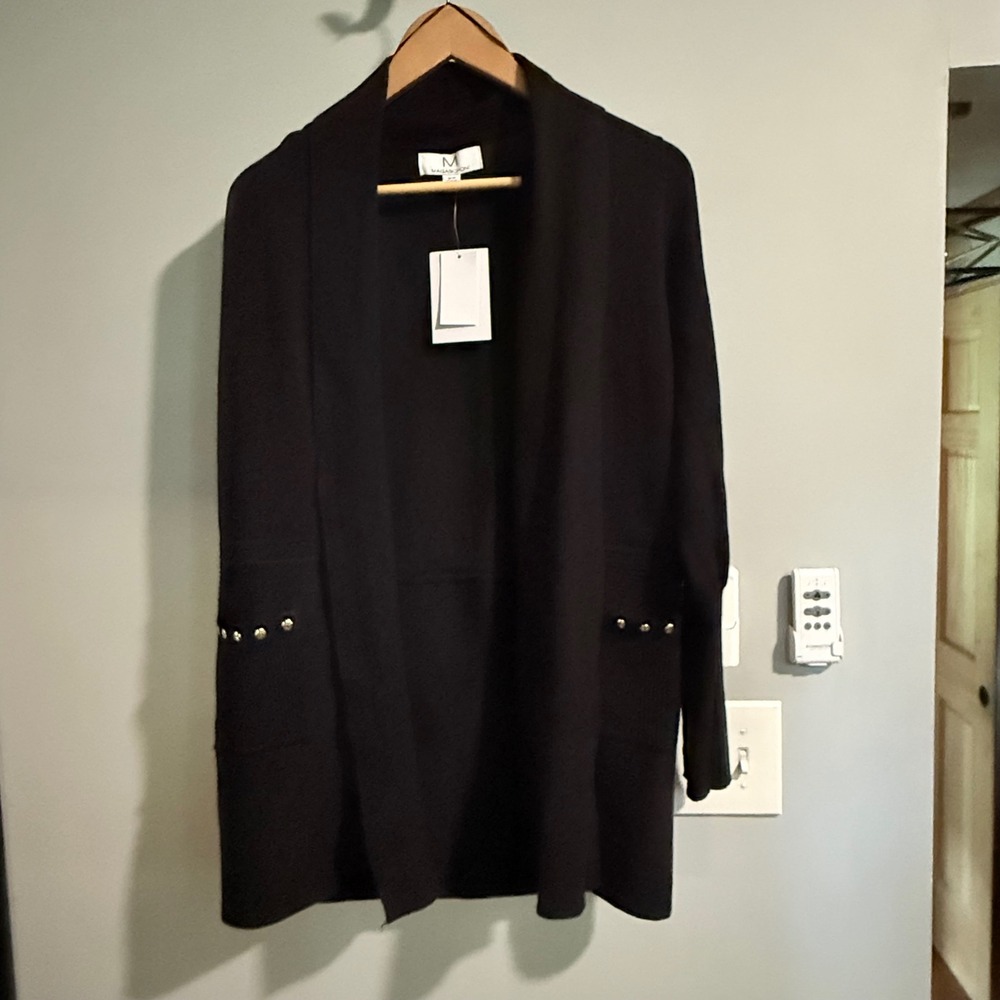 Magaschoni Black Knit Cardigan Studded Pockets Open Front Medium Long  New